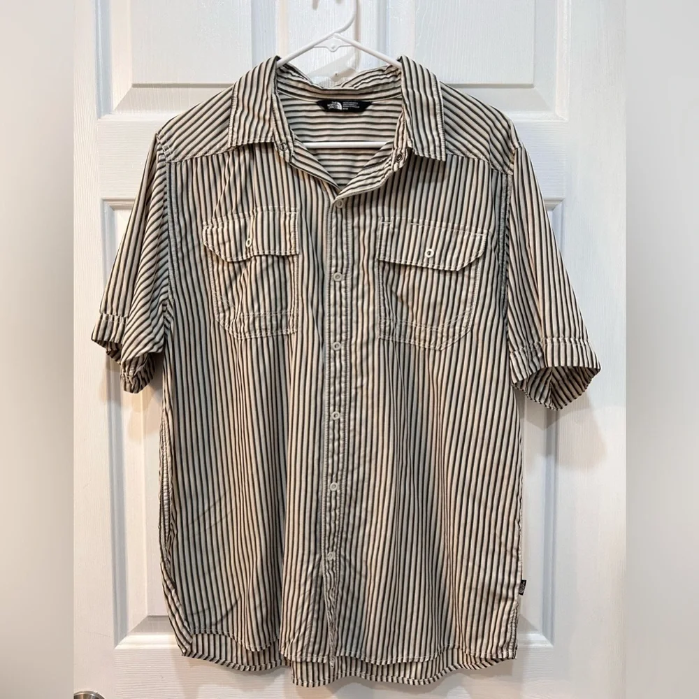 HE‎ NORTH FACE Striped Short Sleeve Shirt Men's Sz M Snap Button Outdoors Retro